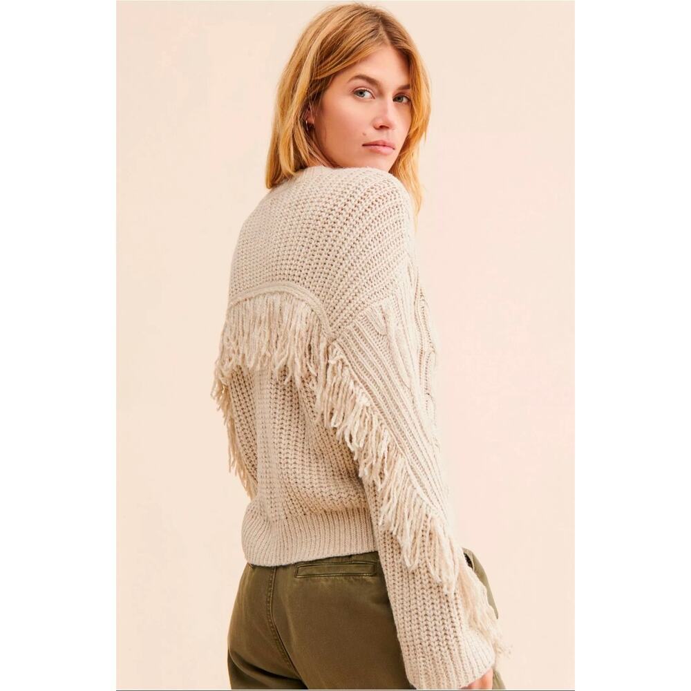 Moon River for Anthropologie Cable Weave Fringe Pullover